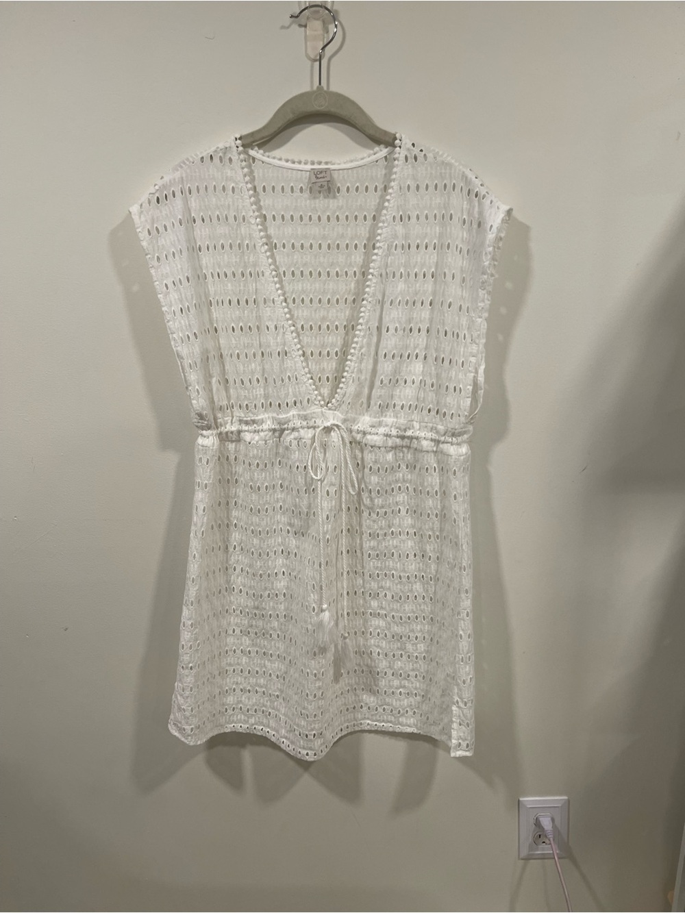 LOFT White Crochet V-Neck Swim Coverup with Drawstring